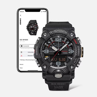 "G-Shock MUDMASTER GGB100X-1A9 — carbon fiber-reinforced case, three-layer carbon insert bezel, mud filter, bio-based resin band, Master of G extreme terrain watch"