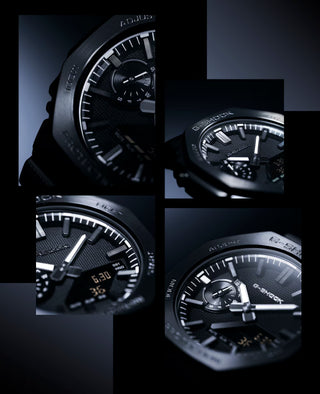 G-SHOCK GM-2100LXB-1A Watch in Black/Gold — CasiOak silhouette with stainless steel case, carbon core guard structure, black IP bezel with gold-tone accents, analog-digital display, 200M water resistant