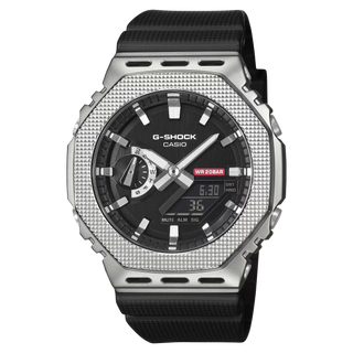 G-SHOCK GM2100M-1A analog-digital watch with textured stainless steel bezel, monochromatic industrial design, open bezel structure revealing shock-resistant core, bio-based resin band, and 200-meter water resistance