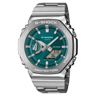 G-Shock watch with teal face and silver casing on a white background