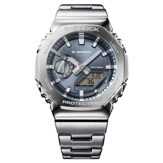 Silver G-Shock watch with a detailed face on a white background