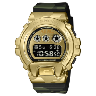 "G-Shock GM6900CMG-3 Bold Camo Gold Watch — gold-colored metal bezel, gold dial, camo printed band with hidden G-mark, classic 6900 silhouette"