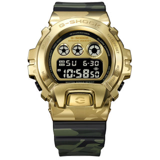 "G-Shock GM6900CMG-3 Bold Camo Gold Watch — gold-colored metal bezel, gold dial, camo printed band with hidden G-mark, classic 6900 silhouette"
