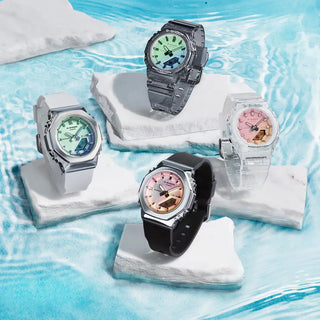 G-SHOCK GMAP2100SR-7A analog-digital watch with translucent white resin case and iridescent polarized crystal.