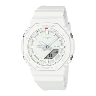 G-SHOCK x Itzy collaboration watch, white with colorful accents and ITZY logo.