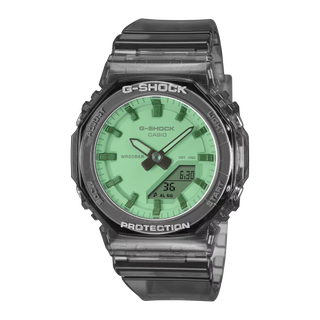 G-SHOCK GMAP2100SR-1A analog-digital watch with translucent resin case and iridescent polarized crystal.