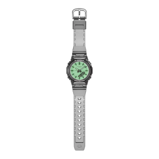 G-SHOCK GMAP2100SR-1A analog-digital watch with translucent resin case and iridescent polarized crystal.