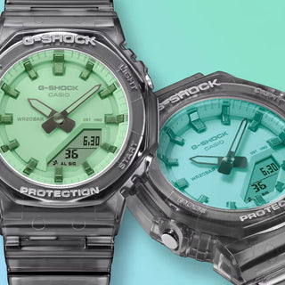 G-SHOCK GMAP2100SR-1A analog-digital watch with translucent resin case and iridescent polarized crystal.