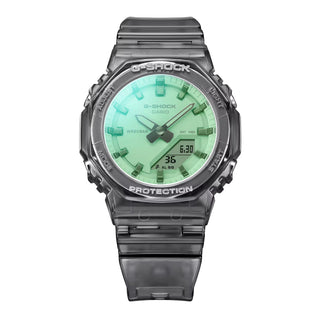 G-SHOCK GMAP2100SR-1A analog-digital watch with translucent resin case and iridescent polarized crystal.