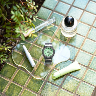 G-SHOCK GMAP2100SR-1A analog-digital watch with translucent resin case and iridescent polarized crystal.