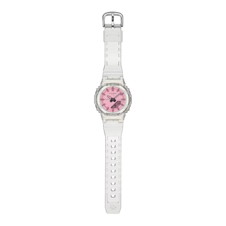 G-SHOCK GMAP2100SR-7A analog-digital watch with translucent white resin case and iridescent polarized crystal.