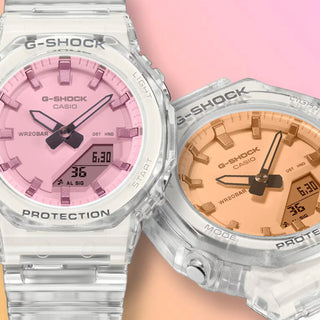 G-SHOCK GMAP2100SR-7A analog-digital watch with translucent white resin case and iridescent polarized crystal.