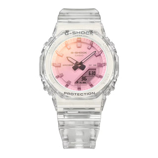 G-SHOCK GMAP2100SR-7A analog-digital watch with translucent white resin case and iridescent polarized crystal.