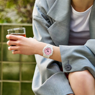 G-SHOCK GMAP2100SR-7A analog-digital watch with translucent white resin case and iridescent polarized crystal.