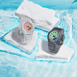 G-SHOCK GMAP2100SR-7A analog-digital watch with translucent white resin case and iridescent polarized crystal.