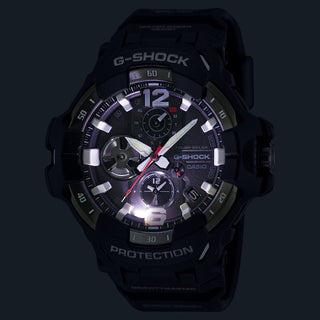 Front view of the G-SHOCK GRB300H-5A Gravitymaster with a dark brown case and band, gold-tone bezel accents, black analog dial, and red second hand