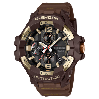 Front view of the G-SHOCK GRB300H-5A Gravitymaster with a dark brown case and band, gold-tone bezel accents, black analog dial, and red second hand