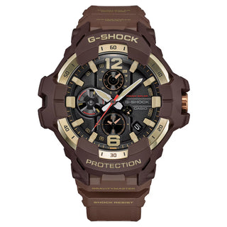 Front view of the G-SHOCK GRB300H-5A Gravitymaster with a dark brown case and band, gold-tone bezel accents, black analog dial, and red second hand