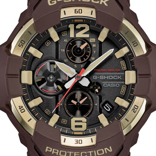 Front view of the G-SHOCK GRB300H-5A Gravitymaster with a dark brown case and band, gold-tone bezel accents, black analog dial, and red second hand