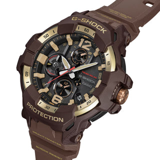 Front view of the G-SHOCK GRB300H-5A Gravitymaster with a dark brown case and band, gold-tone bezel accents, black analog dial, and red second hand