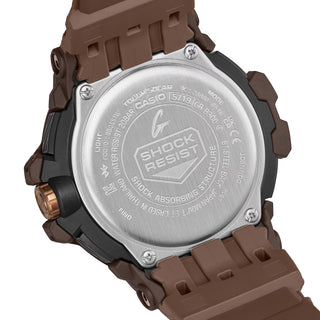 Front view of the G-SHOCK GRB300H-5A Gravitymaster with a dark brown case and band, gold-tone bezel accents, black analog dial, and red second hand