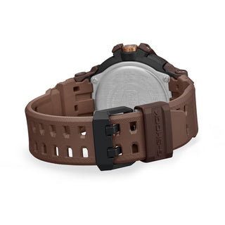 Front view of the G-SHOCK GRB300H-5A Gravitymaster with a dark brown case and band, gold-tone bezel accents, black analog dial, and red second hand