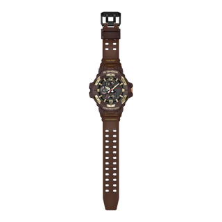 Front view of the G-SHOCK GRB300H-5A Gravitymaster with a dark brown case and band, gold-tone bezel accents, black analog dial, and red second hand