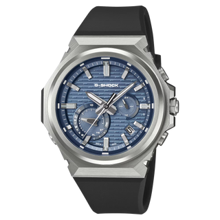 G-SHOCK GSTB1000-2A with a silver-tone metal bezel, blue brick-pattern dial, silver-tone hands and markers, and black band
