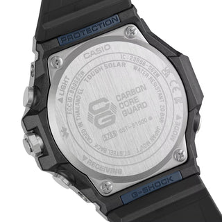 G-SHOCK GSTB1000-2A with a silver-tone metal bezel, blue brick-pattern dial, silver-tone hands and markers, and black band