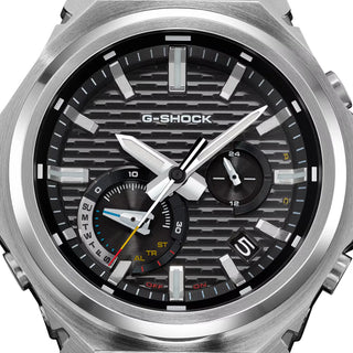 G-SHOCK GSTB1000D-1A watch with solid stainless steel band and bezel, Bluetooth connectivity, Tough Solar power, Carbon Core Guard, minimalist design, and multi-finish construction