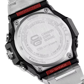 G-SHOCK GSTB1000D-1A watch with solid stainless steel band and bezel, Bluetooth connectivity, Tough Solar power, Carbon Core Guard, minimalist design, and multi-finish construction