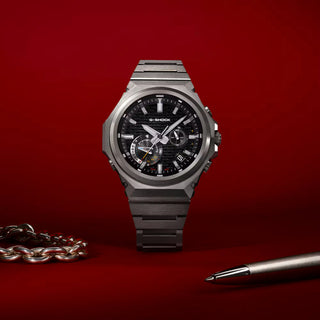 G-SHOCK GSTB1000D-1A watch with solid stainless steel band and bezel, Bluetooth connectivity, Tough Solar power, Carbon Core Guard, minimalist design, and multi-finish construction