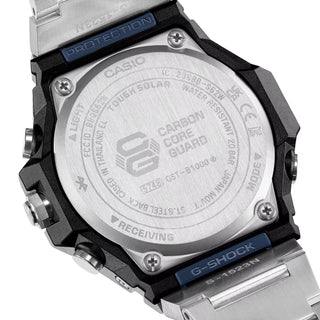 G-Shock GSTB1000D-2A watch with blue dial, stainless steel case and band, and minimalist metal bezel design.