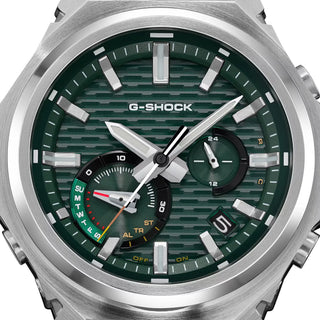 G-SHOCK GSTB1000D-3A watch with solid stainless steel band and bezel, green accents, Bluetooth connectivity, Tough Solar power, Carbon Core Guard, and minimalist design