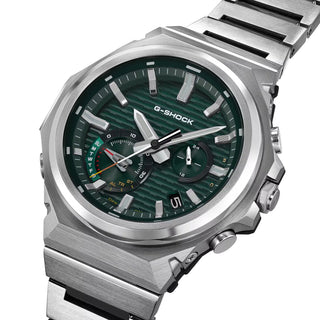 G-SHOCK GSTB1000D-3A watch with solid stainless steel band and bezel, green accents, Bluetooth connectivity, Tough Solar power, Carbon Core Guard, and minimalist design