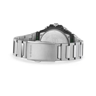 G-SHOCK GSTB1000D-3A watch with solid stainless steel band and bezel, green accents, Bluetooth connectivity, Tough Solar power, Carbon Core Guard, and minimalist design