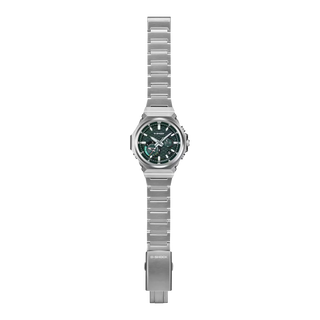 G-SHOCK GSTB1000D-3A watch with solid stainless steel band and bezel, green accents, Bluetooth connectivity, Tough Solar power, Carbon Core Guard, and minimalist design