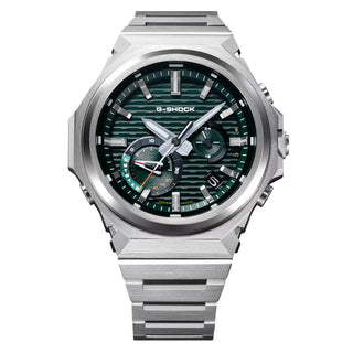 G-SHOCK GSTB1000D-3A watch with solid stainless steel band and bezel, green accents, Bluetooth connectivity, Tough Solar power, Carbon Core Guard, and minimalist design