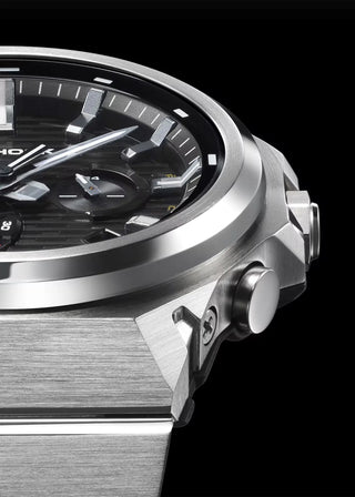 G-SHOCK GSTB1000D-1A watch with solid stainless steel band and bezel, Bluetooth connectivity, Tough Solar power, Carbon Core Guard, minimalist design, and multi-finish construction