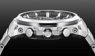 G-SHOCK GSTB1000D-1A watch with solid stainless steel band and bezel, Bluetooth connectivity, Tough Solar power, Carbon Core Guard, minimalist design, and multi-finish construction