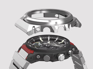 G-SHOCK GSTB1000D-1A watch with solid stainless steel band and bezel, Bluetooth connectivity, Tough Solar power, Carbon Core Guard, minimalist design, and multi-finish construction
