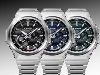 G-SHOCK GSTB1000D-1A watch with solid stainless steel band and bezel, Bluetooth connectivity, Tough Solar power, Carbon Core Guard, minimalist design, and multi-finish construction