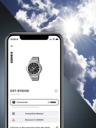 G-SHOCK GSTB1000D-3A watch with solid stainless steel band and bezel, green accents, Bluetooth connectivity, Tough Solar power, Carbon Core Guard, and minimalist design
