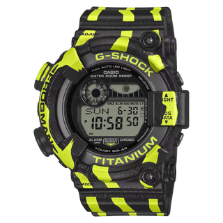 G-Shock Frogman GW8200TPF-1 diver watch with green and black striped design and textured resin band.
