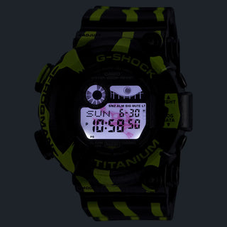 G-Shock Frogman GW8200TPF-1 diver watch with green and black striped design and textured resin band.