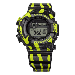 G-Shock Frogman GW8200TPF-1 diver watch with green and black striped design and textured resin band.