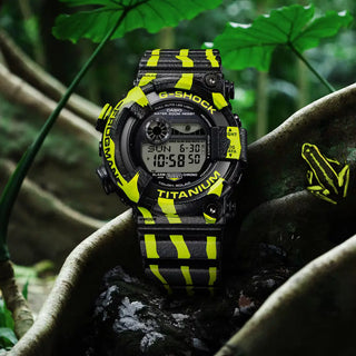 G-Shock Frogman GW8200TPF-1 diver watch with green and black striped design and textured resin band.