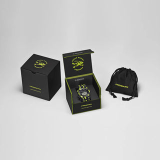 G-Shock Frogman GW8200TPF-1 diver watch with green and black striped design and textured resin band.