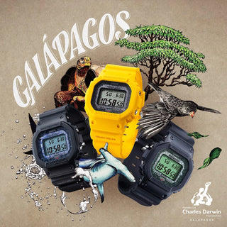 Navy G-Shock 5600 Series watch, hammerhead shark design, eco-friendly, Charles Darwin Foundation collaboration.