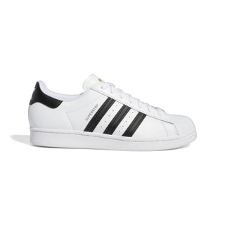 White Adidas sneaker with black stripes on a white background